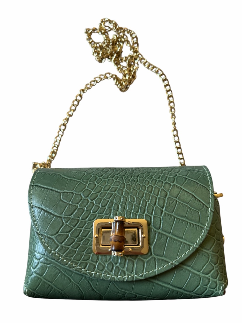 Made in Italy Sage Green Croc-Embossed Leather Chain Crossbody Bag